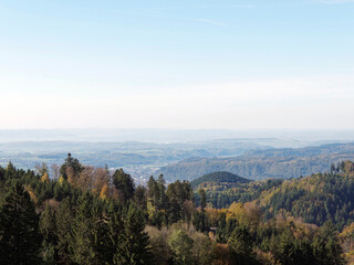 Black Forest landscape around Gersbach in Germany, forested hills and green pastures with view in...
