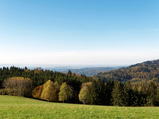 Black Forest landscape around Gersbach in Germany, forested mountains with view of Swiss Jura...