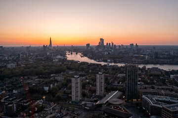 Elivated View of city of London and shard Skyline by sunset, London, UK