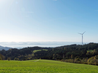 Black Forest landscape around Gersbach in Germany, forested mountains, wind turbine, green pastures...