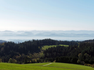 Black Forest landscape around Gersbach in Germany, forested mountains, green pastures with view of...