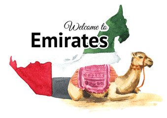 Welcome to Emirates card. Flag and camel symbol of UAE. Hand drawn watercolor illustration isolated on white background