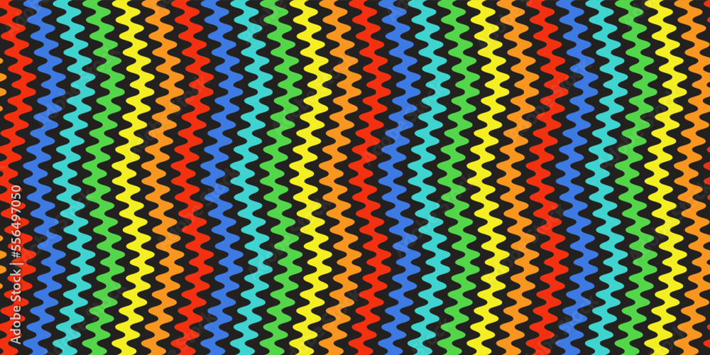 Poster Seamless pattern with zigzag and wavy stripes in a rainbow color palette. For prints and packaging, textiles and stylish illustrations, wallpapers and interiors.