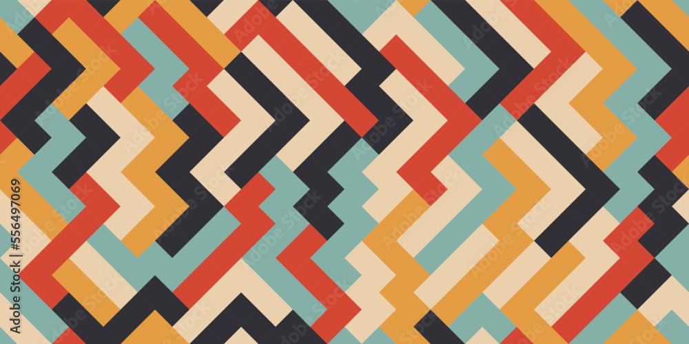 Poster Geometric seamless pattern with zigzag stripes in a retro color palette. For prints and packaging, textiles and stylish illustrations, wallpapers and interiors.