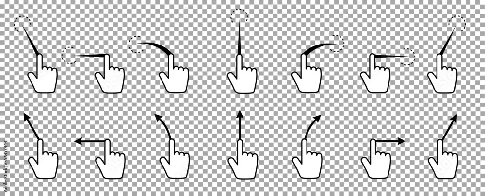 Poster swipe icon. set of arrows with direction up, left, right. hand sign with index finger. pointer for m