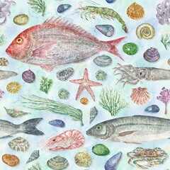 Seamless watercolor pattern with seafood 
