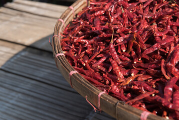 Selective focus of dried red chili background and texture