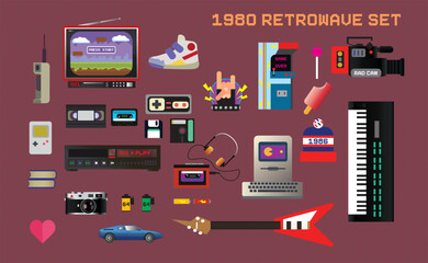 Fototapeta na wymiar Big set of 1980's related items, retrowave vector icons and stickers: cellphone, tv, sneakers, handheld game console, video and audio cassettes, gamepad, player, vcr, computer, synthesizer, etc.