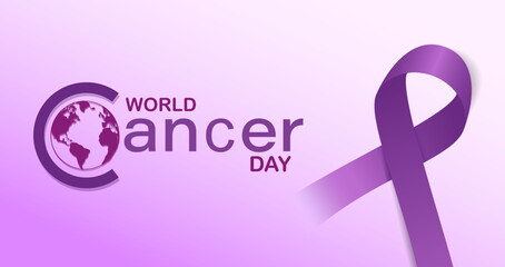 Gradient world cancer day horizontal banner background with world map and ribbon