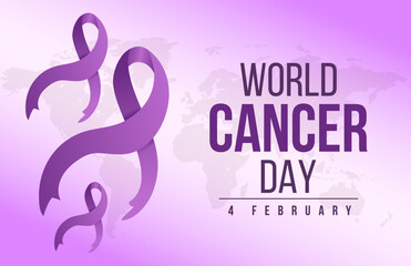 Gradient world cancer day horizontal banner background with world map and ribbon