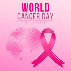Vector background with a big ribbon and world map, world cancer day
