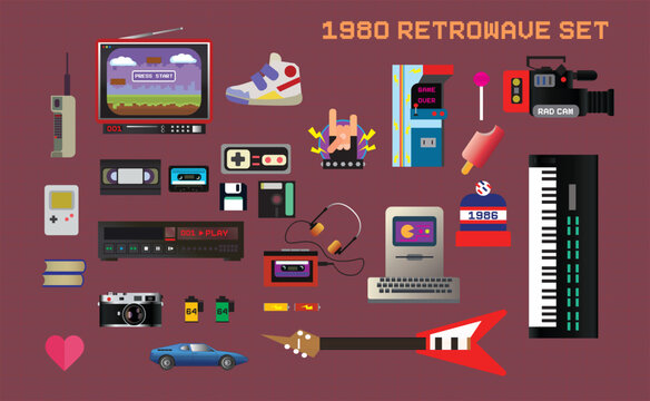 Big set of 1980's related items, retrowave vector icons and stickers: cellphone, tv, sneakers, handheld game console, video and audio cassettes, gamepad, player, vcr, computer, synthesizer, etc.