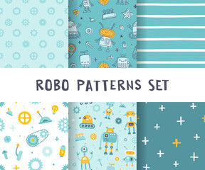 Cute childish robot pattern set. Seamless funny vector prints collection for baby textile. Scandinavian prints bundle with robots.