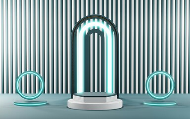Fototapeta premium 3D render of Podium background in blue tones for displaying cream products. cosmetics