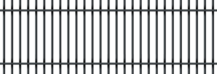 Black prison metal bars on white background. Realistic iron jail dark cage. Prison fence jail. Template design for criminal or sentence. Vector illustration
