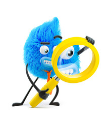 Fluffy businessman with magnifying glass. 3d illustration. Cartoon character. Search and innovation concept.