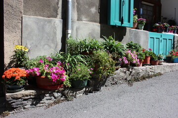 Old stone house decorated with colorful petunia flowers in medieval town Embrun, France.