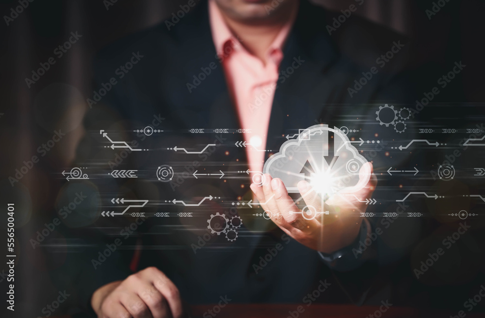 Poster businessman on blurred background using tech devices and icons thin line interface