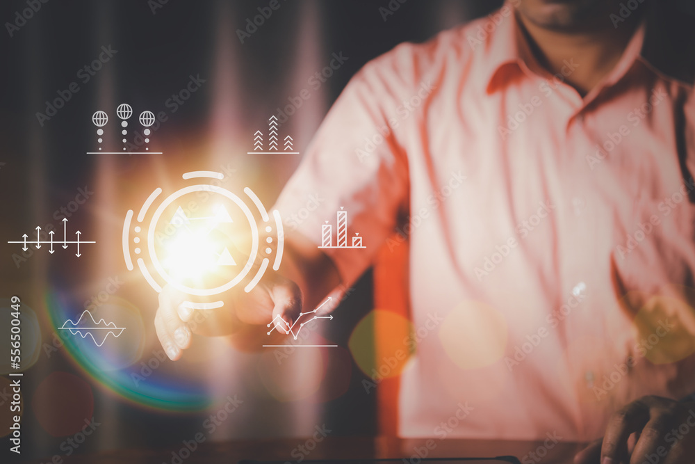 Poster businessman on blurred background using tech devices and icons thin line interface