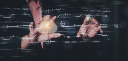 Businessman on blurred background using tech devices and icons thin line interface