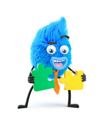 Fluffy businessman with puzzle. 3d illustration. Cartoon character. Creative thinking concept.