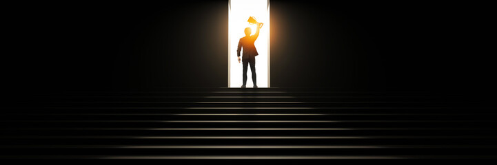 Businessman lifting trophy on ladder with glowing light. Business concept of business competition,...