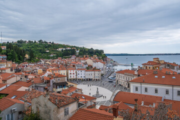 View of Piran town square and harbor