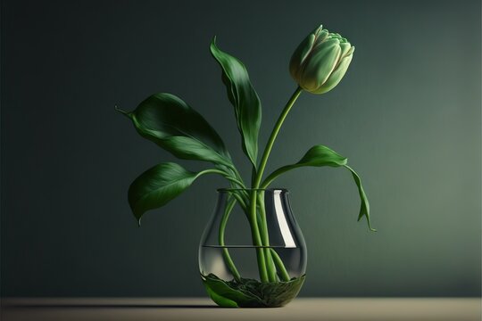 a vase with a flower inside of it on a table next to a wall and a green wall behind it. Generative AI