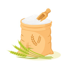 Bag of flour open and scoop. Wheat product. Flour packaging design vector illustration isolated on white