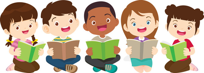 Obraz premium back to school with kids reading book education happy children concept