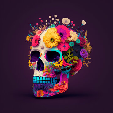 Illustration of a skeleton head with flowers, magenta background. Concept for Mexican celebration of the Day of the Dead.