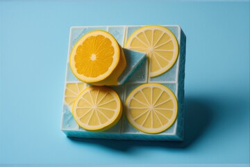 a blue and yellow box with lemon slices on it on a blue background with a blue background and a blue background.