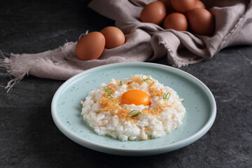 Sauteed Egg White with Conpoy and Fish Meat served dish isolated on background top view food