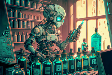 Obraz premium Humanoid robot working in research laboratory, conceptual ai illustration. Artificial intelligence, automation of science concept