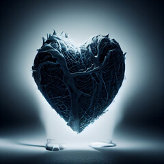Black heart with illumination on a blurred background. Symbol of love and feelings. Unusual gift for Valentine's Day