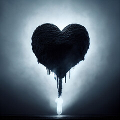  Black heart with illumination on a blurred background. Symbol of love and feelings. Unusual gift for Valentine's Day