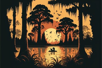 A vector illustration of a Louisiana swamp