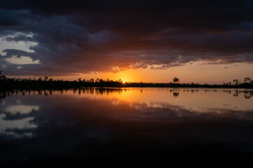 Colorful sunset cloudscape reflected in calm water of Pine Glades Lake in Everglades National Park, Florida on peaceful December evening.