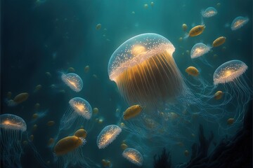 a group of jellyfish swimming in the ocean together with bubbles and bubbles on the water's surface.