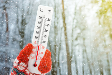 White celsius and fahrenheit scale thermometer in hand. Ambient temperature minus 2 degrees celsius