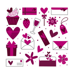 Valentines day romantic illustration with love elements. Hearts, flowers, wine, gifts, sweets, cake, letters, tags, candy clipart set. 14 february holiday.