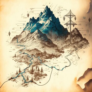 A fantasy map that centers around a mountain that shows electricity running through the center of it.