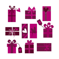Valentines day gifts iclipart set. Love romantic presents, wrapped boxes with bow, hearts and tags. 14 february holiday.