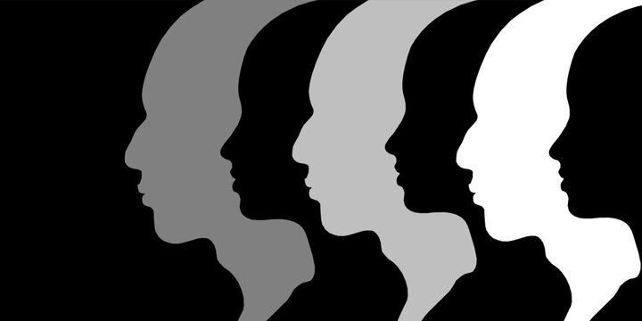 Vector silhouettes of people in profile on a black background.