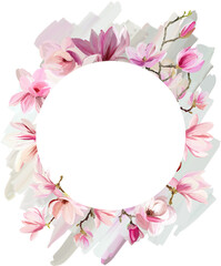 Round floral frame with magnolia flowers