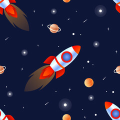 Rocket flies in space against the background of planets and stars. Seamless vector pattern.