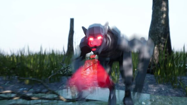 Robot Werewolf Runs Front in a Misty Forest Tree 3D Animations Rendering CGI 4K