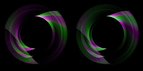 Round frames on a black background are formed by arcuate elements with green and magenta stripes. Icon, logo, symbol, sign. Set of graphic design elements. 3D illustration. 3D rendering.