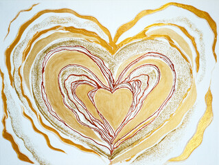 Artistic painting big lovely heart, yellow gold golden white lines. Picture contains interesting idea, evokes emotions, aesthetic pleasure. Canvas stretched, cardboard, oil natural paints. Concept art - 556509270