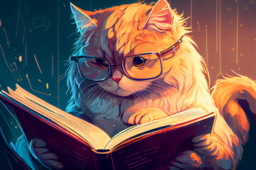 Intelligent cat in glasses reading a book, ai illustration